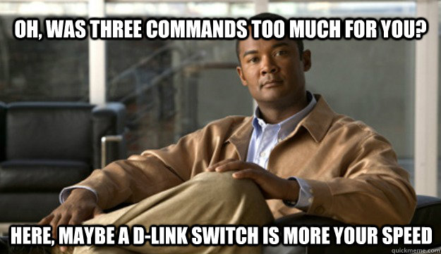 oh, was three commands too much for you? here, maybe a d-link switch is more your speed  Smug Cisco Guy