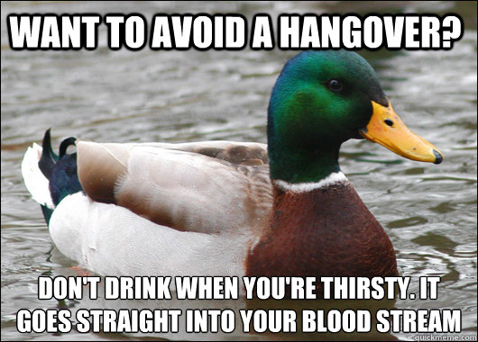 Want to avoid a hangover? Don't drink when you're thirsty. It goes straight into your blood stream  Actual Advice Mallard