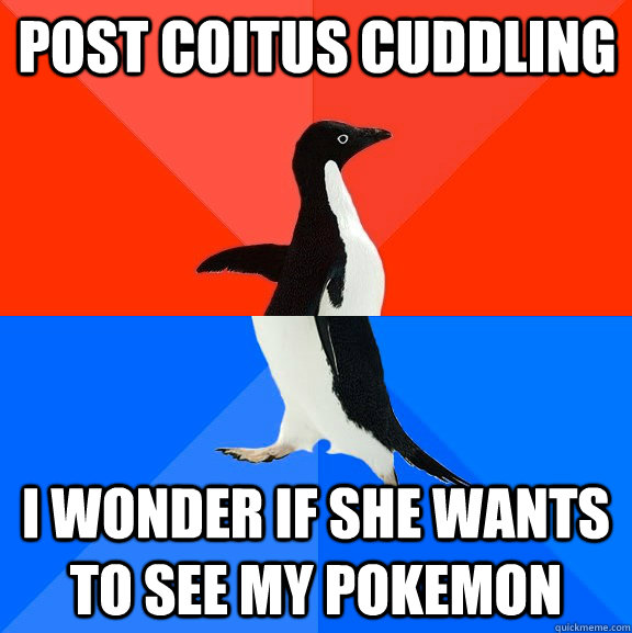 post coitus cuddling I wonder if she wants to see my pokemon  Socially Awesome Awkward Penguin