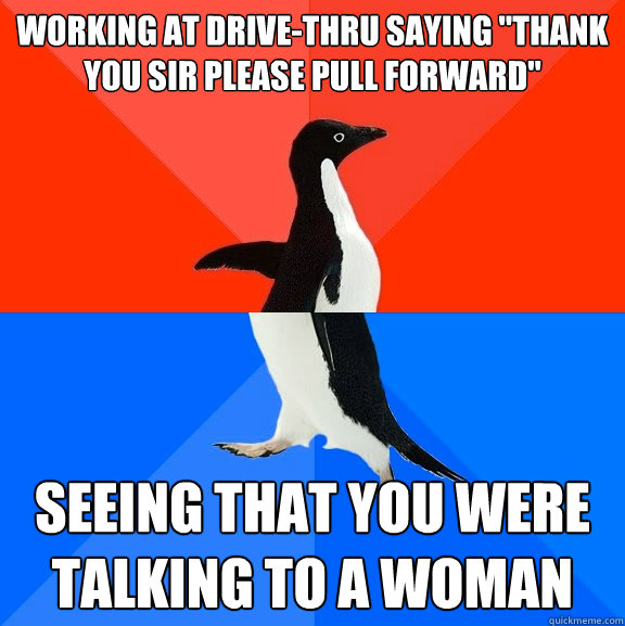 Working at drive-thru saying 