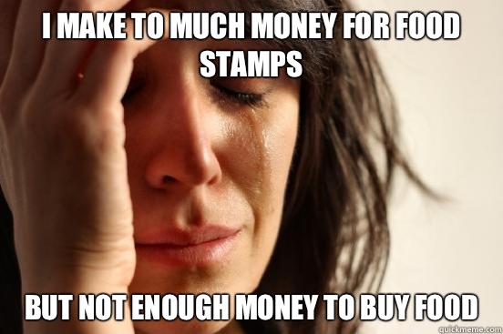 I make to much money for food stamps  But not enough money to buy food   First World Problems