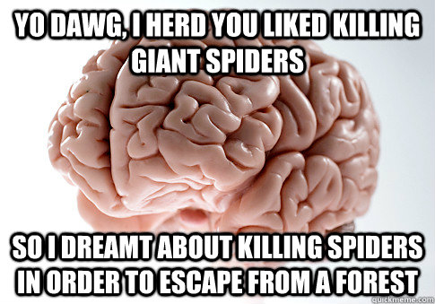 Yo dawg, i herd you liked killing giant spiders so I dreamt about killing spiders in order to escape from a forest - Yo dawg, i herd you liked killing giant spiders so I dreamt about killing spiders in order to escape from a forest  Scumbag Brain