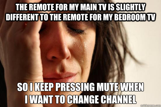 the remote for my main tv is slightly different to the remote for my bedroom tv  so i keep pressing mute when 
i want to change channel  First World Problems