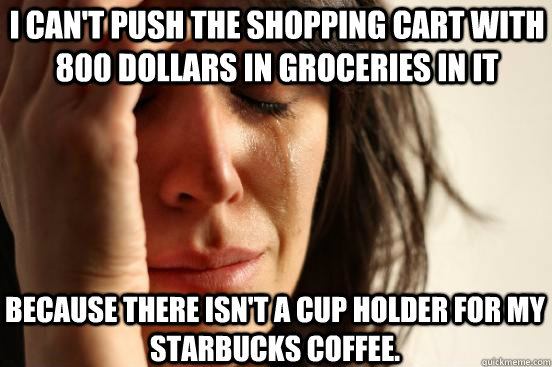 I can't push the shopping cart with 800 dollars in groceries in it because there isn't a cup holder for my starbucks coffee.  First World Problems
