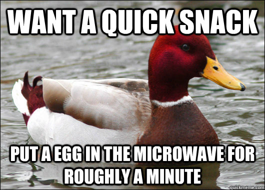 Want a quick snack Put a egg in the microwave for roughly a minute  Malicious Advice Mallard