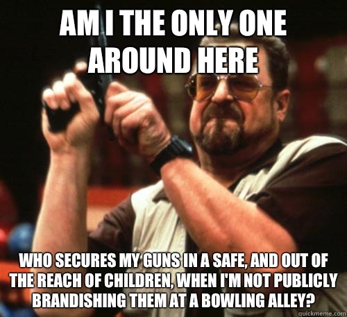 Am i the only one around here Who secures my guns in a safe, and out of the reach of children, when I'm not publicly brandishing them at a bowling alley?  Am I The Only One Around Here