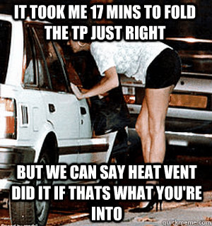 It took me 17 mins to fold the TP just right but we can say heat vent did it if thats what you're into  Karma Whore