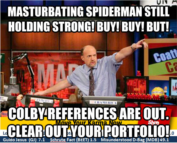 MASTURBATING SPIDERMAN STILL HOLDING STRONG! BUY! BUY! BUT! COLBY REFERENCES ARE OUT.  CLEAR OUT YOUR PORTFOLIO! - MASTURBATING SPIDERMAN STILL HOLDING STRONG! BUY! BUY! BUT! COLBY REFERENCES ARE OUT.  CLEAR OUT YOUR PORTFOLIO!  Jim Kramer with updated ticker