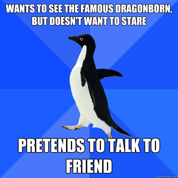 Wants to see the famous Dragonborn, but doesn't want to stare Pretends to talk to friend  Socially Awkward Penguin