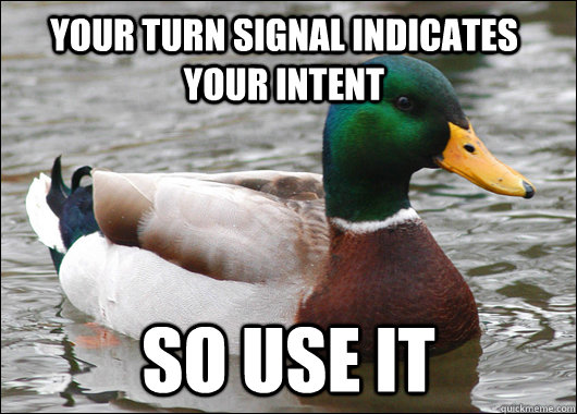 your turn signal indicates your intent SO USE IT  Actual Advice Mallard