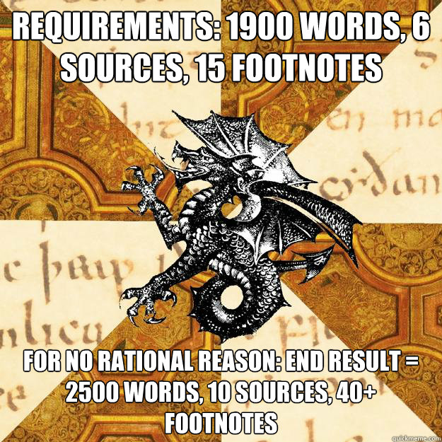REQUIREMENTS: 1900 WORDS, 6 SOURCES, 15 FOOTNOTES FOR NO RATIONAL REASON: END RESULT = 2500 WORDS, 10 SOURCES, 40+ FOOTNOTES  History Major Heraldic Beast