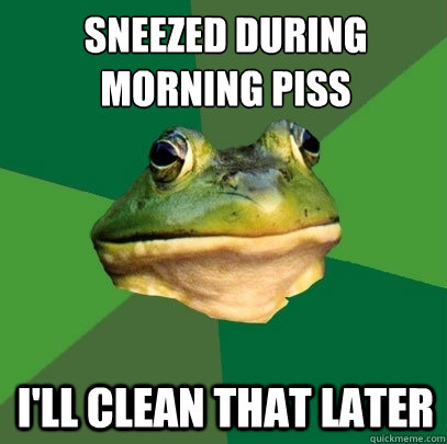 sneezed during morning piss i'll clean that later  Foul Bachelor Frog