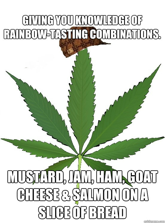Giving you knowledge of rainbow-tasting combinations. mustard, jam, ham, goat cheese & salmon on a slice of bread  