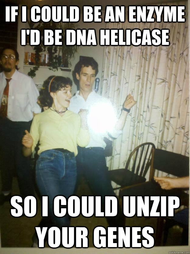 if i could be an enzyme i'd be DNA helicase  so i could unzip your genes - if i could be an enzyme i'd be DNA helicase  so i could unzip your genes  Bill Nye Rocks out.