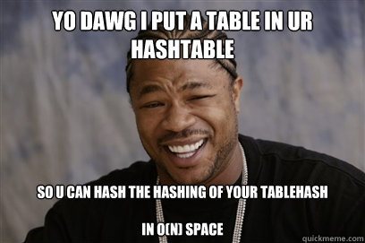 Yo dawg i Put a table in ur hashtable so u can hash the hashing of your tablehash

In o(n) space  - Yo dawg i Put a table in ur hashtable so u can hash the hashing of your tablehash

In o(n) space   Yo dawg i herd u like unit tests