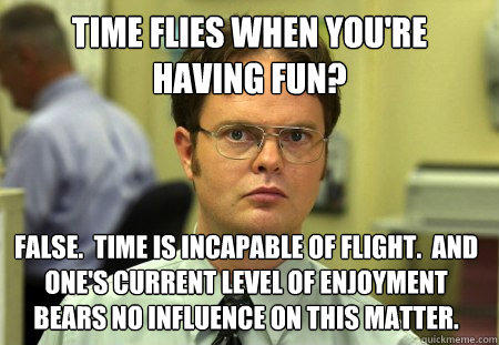 time flies when you're having fun? false.  time is incapable of flight.  and one's current level of enjoyment bears no influence on this matter. - time flies when you're having fun? false.  time is incapable of flight.  and one's current level of enjoyment bears no influence on this matter.  Dwight