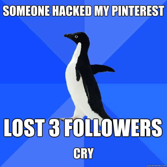 someone hacked my pinterest lost 3 followers  cry  Socially Awkward Penguin