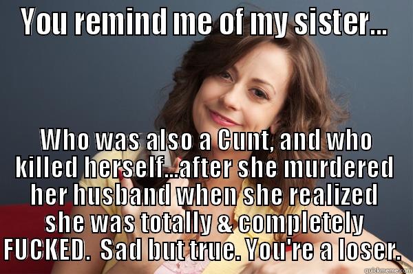 YOU REMIND ME OF MY SISTER...  WHO WAS ALSO A CUNT, AND WHO KILLED HERSELF...AFTER SHE MURDERED HER HUSBAND WHEN SHE REALIZED SHE WAS TOTALLY & COMPLETELY FUCKED.  SAD BUT TRUE. YOU'RE A LOSER.  Forever Resentful Mother