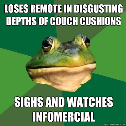loses remote in disgusting depths of couch cushions sighs and watches infomercial  Foul Bachelor Frog