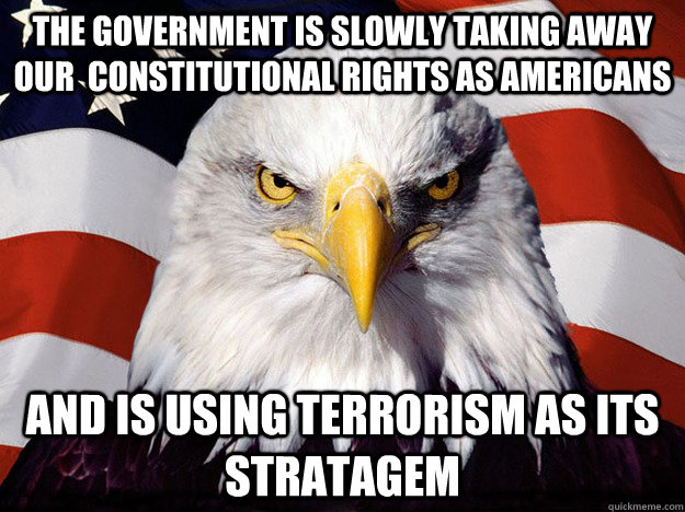 The Government is slowly taking away our  constitutional rights as Americans and is using Terrorism as its stratagem  Evil American Eagle