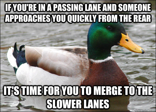 If you're in a passing lane and someone approaches you quickly from the rear It's time for you to merge to the slower lanes - If you're in a passing lane and someone approaches you quickly from the rear It's time for you to merge to the slower lanes  Actual Advice Mallard