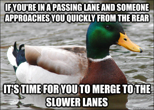 If you're in a passing lane and someone approaches you quickly from the rear It's time for you to merge to the slower lanes  Actual Advice Mallard