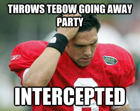 Throws tebow going away party intercepted  Off The Mark Sanchez