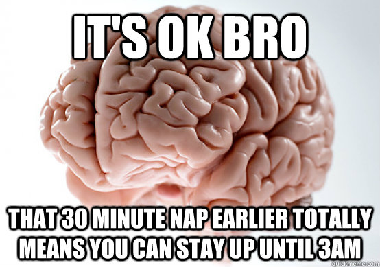 it's ok bro that 30 minute nap earlier totally means you can stay up until 3AM  Scumbag brain on life