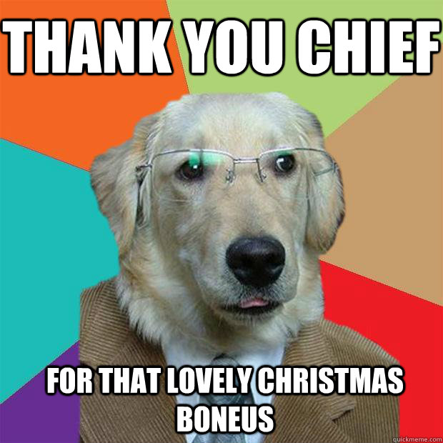 Thank you chief For that lovely christmas boneus  Business Dog