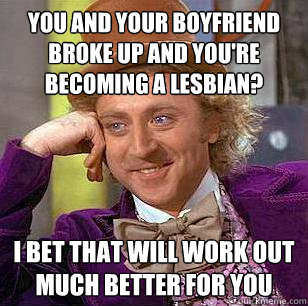 You and your boyfriend broke up and you're becoming a lesbian? I bet that will work out much better for you  Condescending Wonka