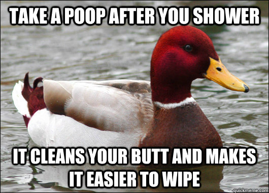 Take a poop after you shower it cleans your butt and makes it easier to wipe - Take a poop after you shower it cleans your butt and makes it easier to wipe  Malicious Advice Mallard