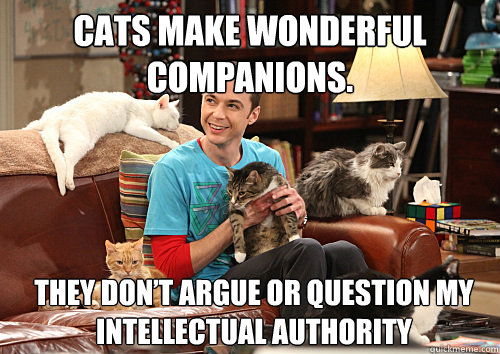 Cats make wonderful companions. They don’t argue or question my intellectual authority  