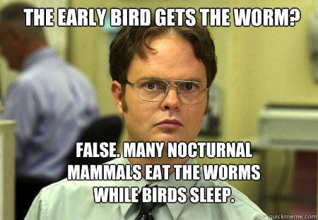 The early bird gets the worm? False. Many nocturnal mammals eat the worms while birds sleep.   