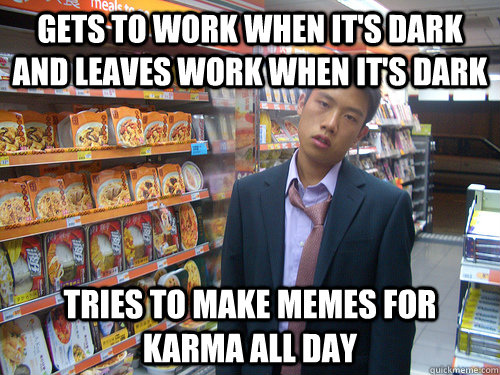 gets to work when it's dark and leaves work when it's dark tries to make memes for karma all day  Disenchanted Young Professional