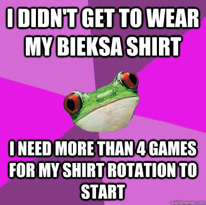 i didn't get to wear my bieksa shirt i need more than 4 games for my shirt rotation to start  Foul Bachelorette Frog