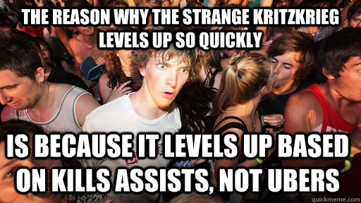 the reason why the strange kritzkrieg levels up so quickly is because it levels up based on kills assists, not ubers  Sudden Clarity Clarence