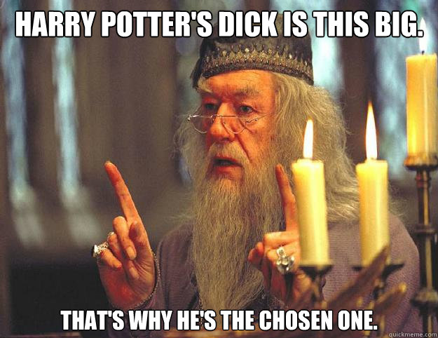 Harry Potter's dick is this big.  That's why he's the chosen one.  Dumbledore