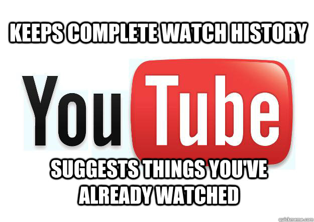 Keeps complete watch history  Suggests things you've already watched - Keeps complete watch history  Suggests things you've already watched  Scumbag Youtube