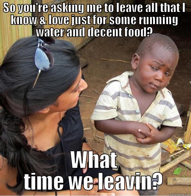 SO YOU'RE ASKING ME TO LEAVE ALL THAT I KNOW & LOVE JUST FOR SOME RUNNING WATER AND DECENT FOOD? WHAT TIME WE LEAVIN? Skeptical Third World Kid