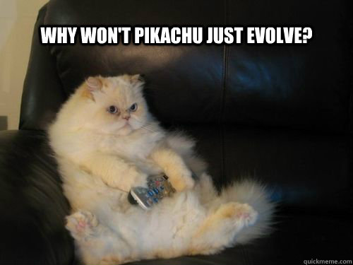 why won't pikachu just evolve?  Disapproving TV Cat