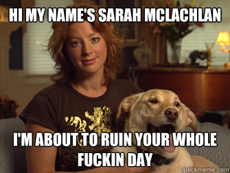 Hi my name's Sarah Mclachlan I'm about to ruin your whole fuckin day  Sarah Mclachlan