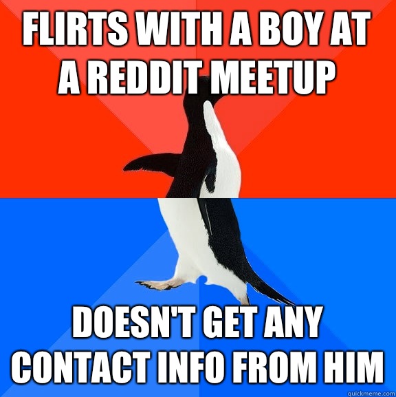 Flirts with a boy at a Reddit meetup Doesn't get any contact info from him  Socially Awesome Awkward Penguin