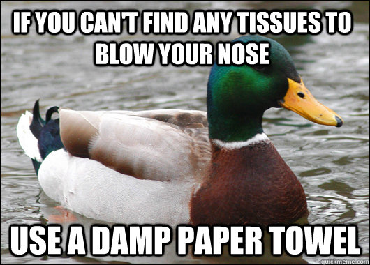 If you can't find any tissues to blow your nose Use a damp paper towel  Actual Advice Mallard