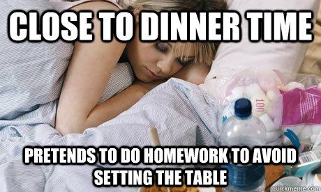 CLose to dinner time pretends to do homework to avoid setting the table  Lazy Teenager