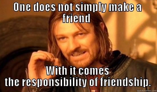 ONE DOES NOT SIMPLY MAKE A FRIEND  WITH IT COMES THE RESPONSIBILITY OF FRIENDSHIP. Boromir