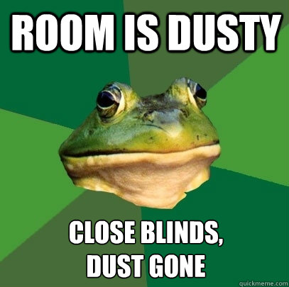 room is dusty close blinds,
dust gone  Foul Bachelor Frog
