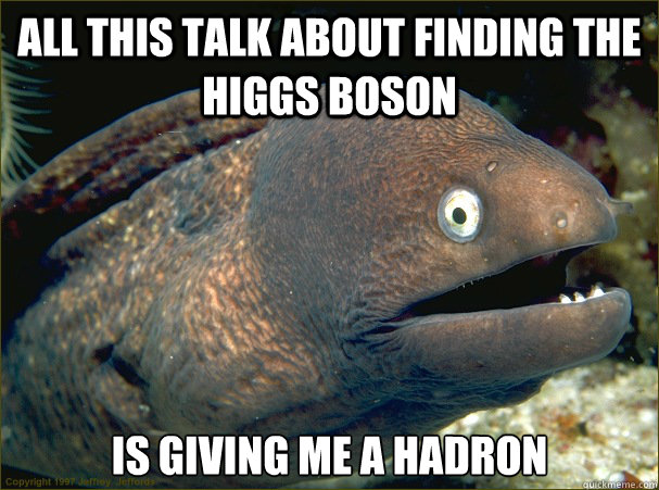 All this talk about finding the higgs boson is giving me a hadron  Bad Joke Eel