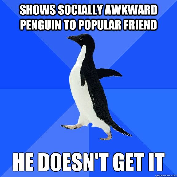 Shows socially awkward penguin to popular friend He doesn't get it  Socially Awkward Penguin