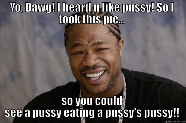 YO, DAWG! I HEARD U LIKE PUSSY! SO I TOOK THIS PIC... SO YOU COULD SEE A PUSSY EATING A PUSSY'S PUSSY!! Xzibit meme