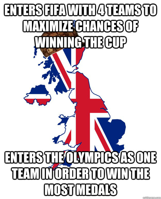 Enters FIFA with 4 teams to maximize chances of winning the cup Enters the Olympics as one team in order to win the most medals - Enters FIFA with 4 teams to maximize chances of winning the cup Enters the Olympics as one team in order to win the most medals  Scumbag Britain